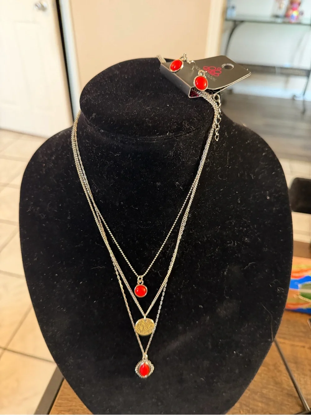Red Stone Layered Pendant Necklace Set - Women Jewelry